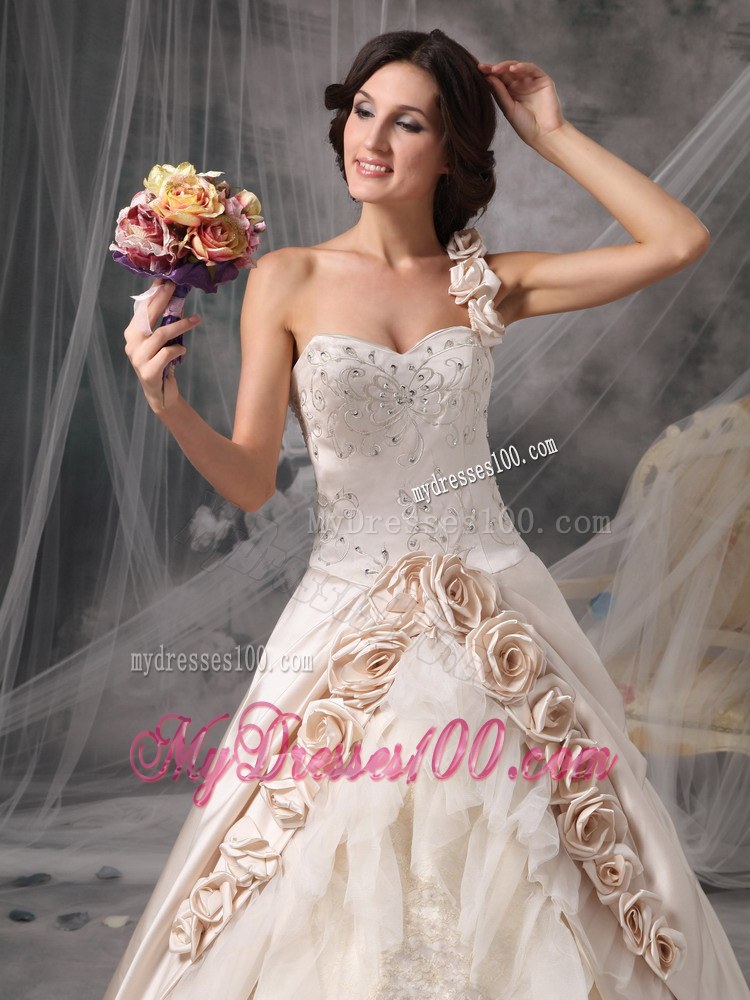 Champagne One Shoulder Chapel Train Bridal Dresses with Hand Made Flowers