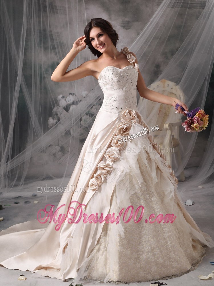 Champagne One Shoulder Chapel Train Bridal Dresses with Hand Made Flowers