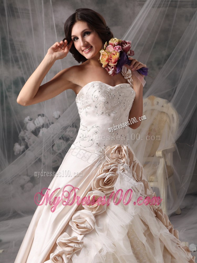 Champagne One Shoulder Chapel Train Bridal Dresses with Hand Made Flowers