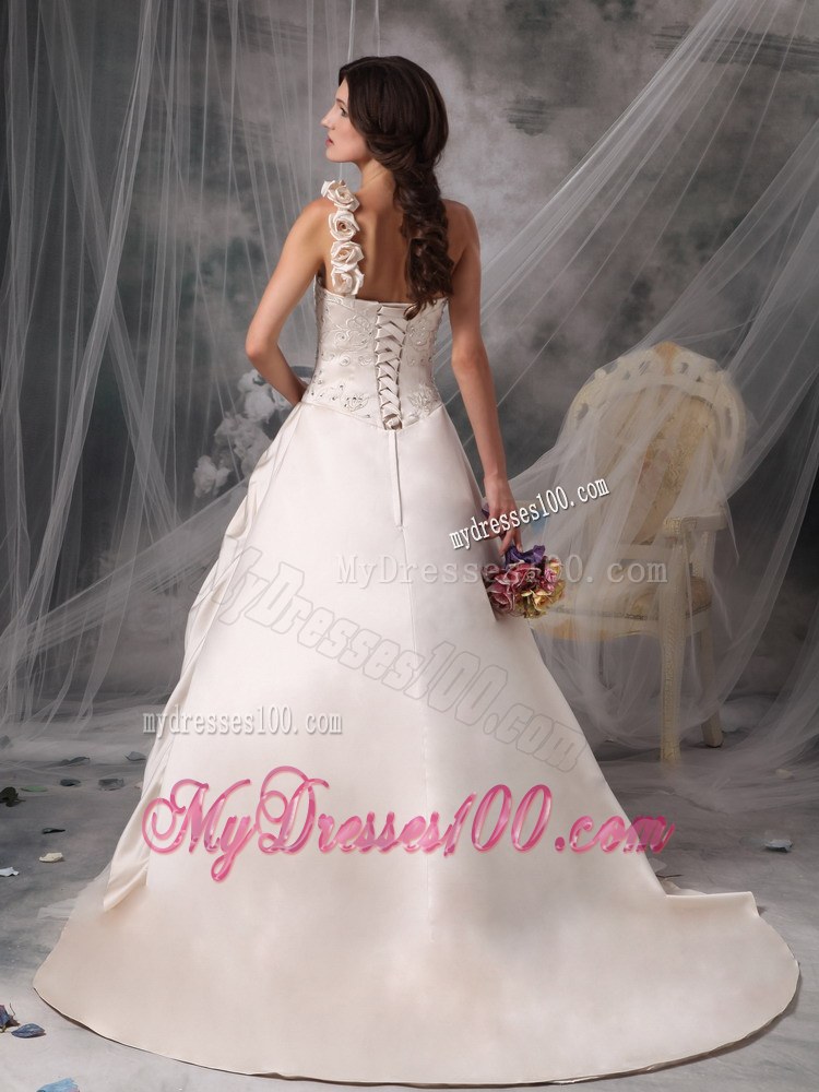 Champagne One Shoulder Chapel Train Bridal Dresses with Hand Made Flowers