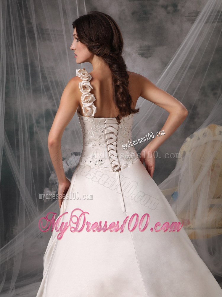 Champagne One Shoulder Chapel Train Bridal Dresses with Hand Made Flowers
