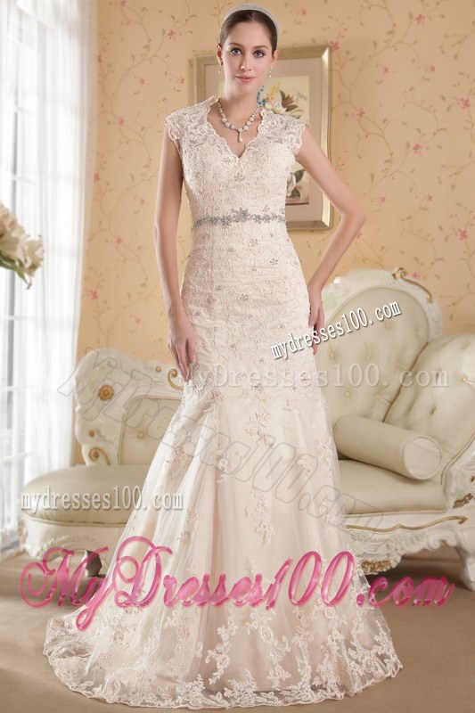Turn Heads Champagne V-neck Chapel Train Lace Wedding Dress