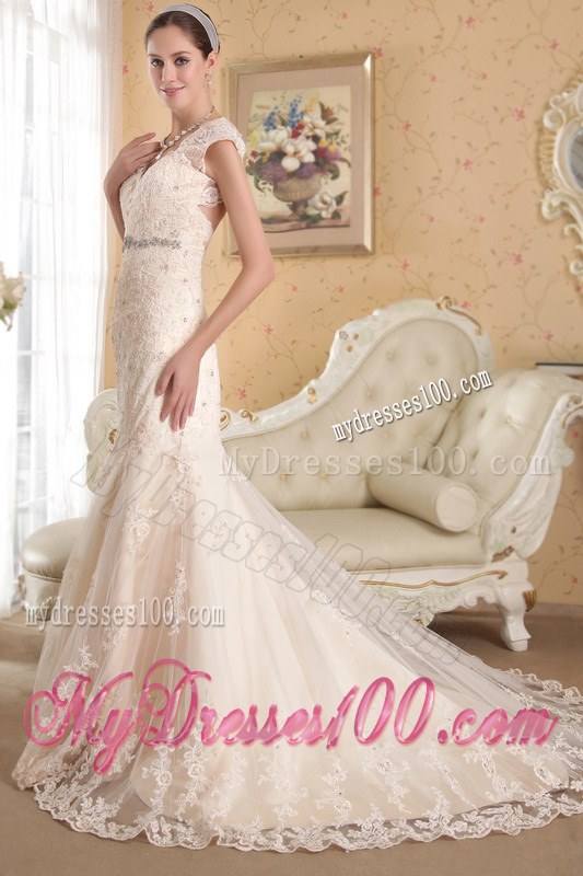 Turn Heads Champagne V-neck Chapel Train Lace Wedding Dress
