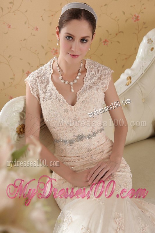 Turn Heads Champagne V-neck Chapel Train Lace Wedding Dress