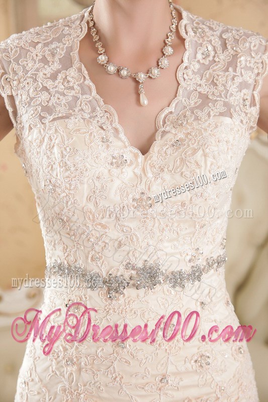 Turn Heads Champagne V-neck Chapel Train Lace Wedding Dress