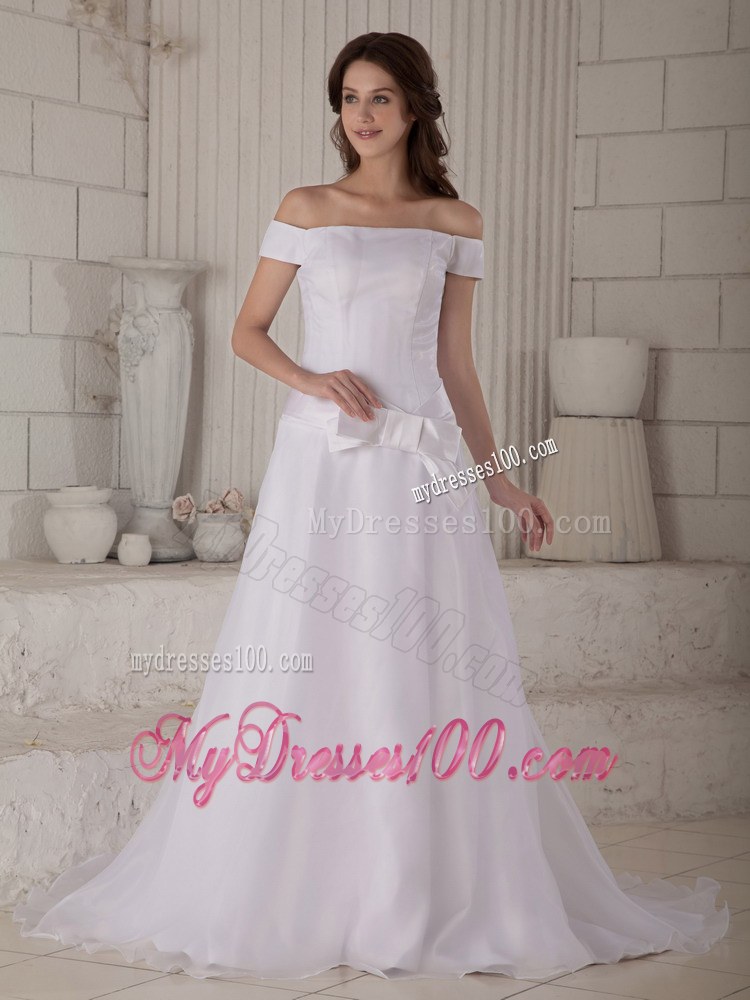 Princess Off The Shoulder Court Train Organza Wedding Dress with Belt