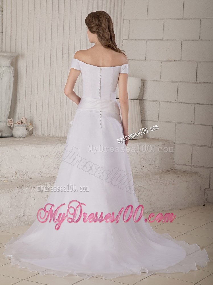 Princess Off The Shoulder Court Train Organza Wedding Dress with Belt