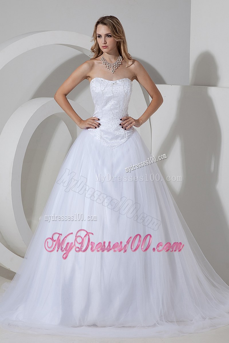 Brand New Strapless White Bridal Dress Court Train with Appliques