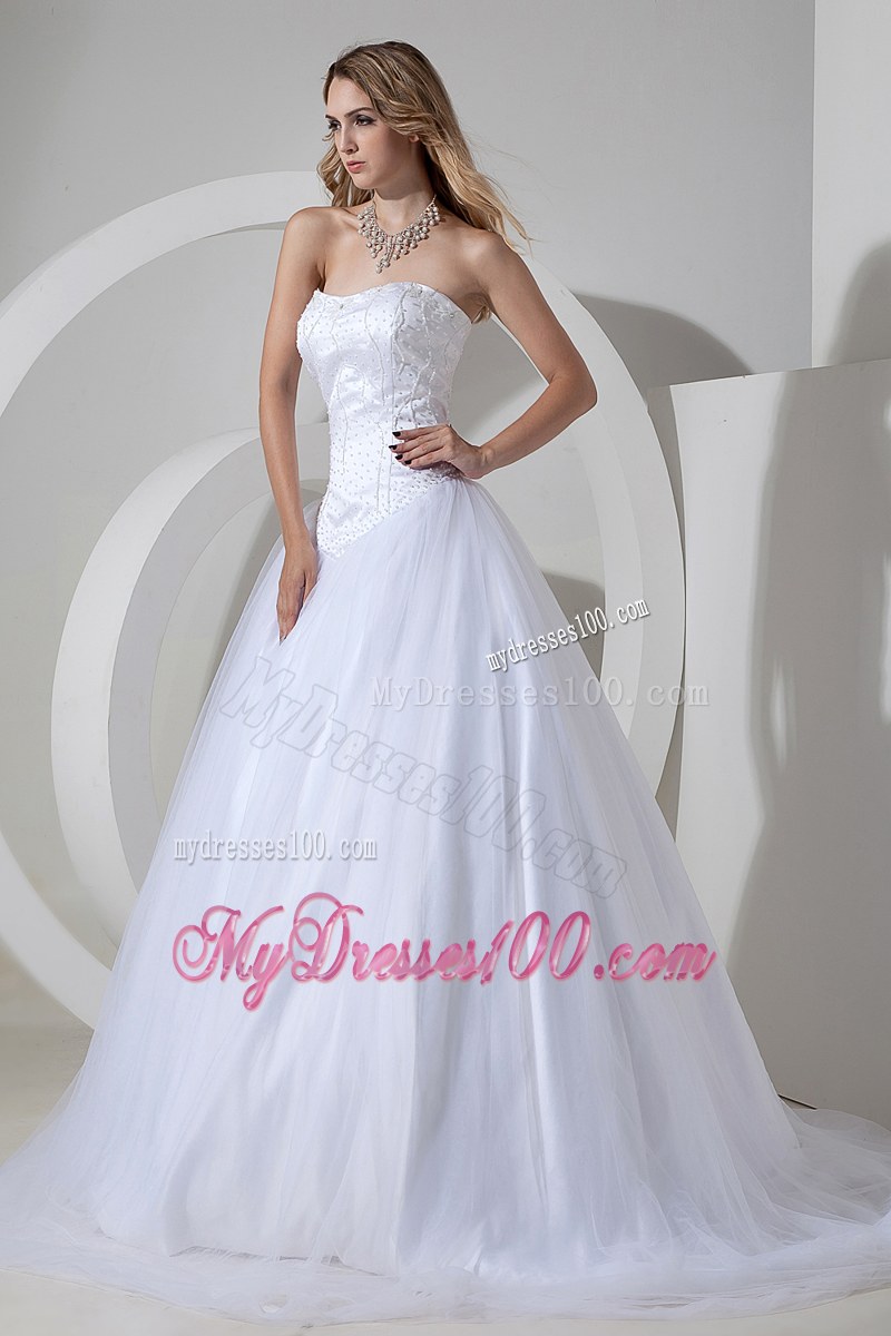 Brand New Strapless White Bridal Dress Court Train with Appliques