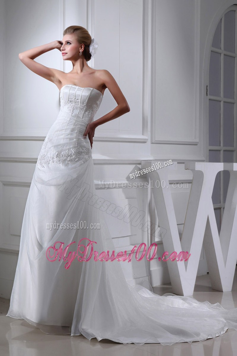 Appliques with Diamonds Decorated Strapless Bridal Gown with Chapel Train