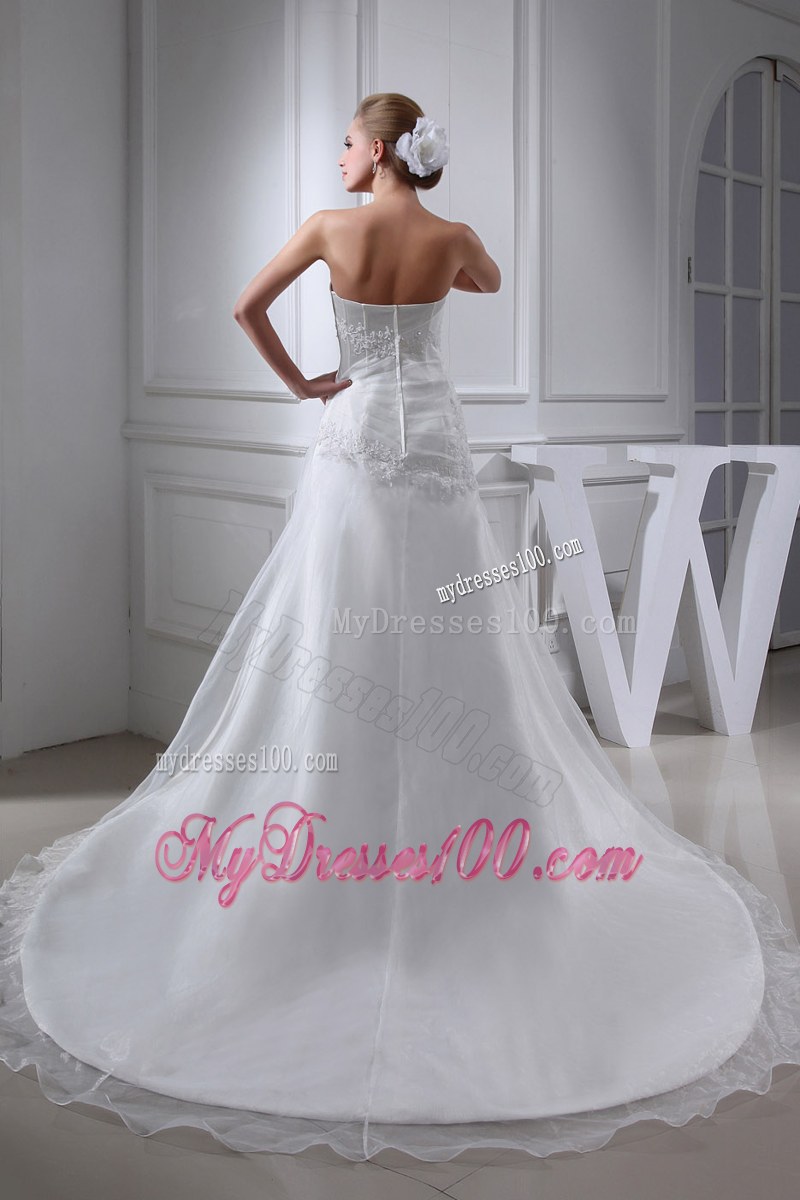 Appliques with Diamonds Decorated Strapless Bridal Gown with Chapel Train