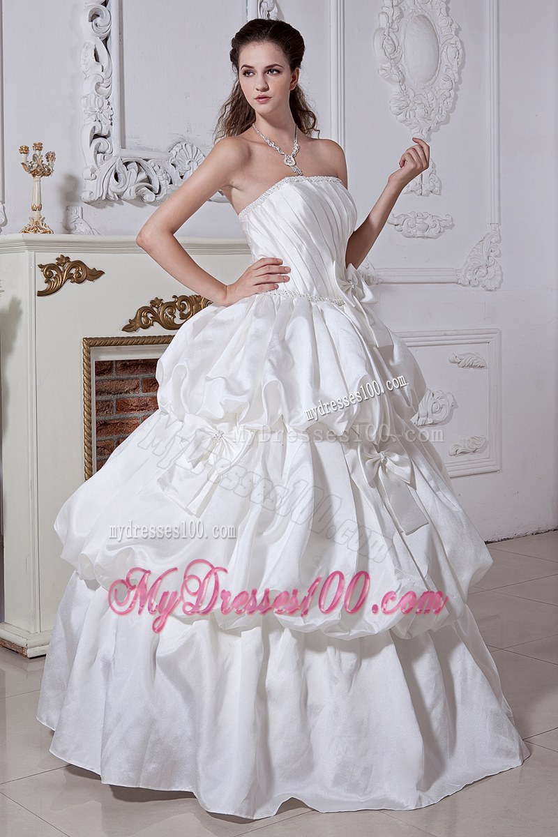 Pick-ups Bowknot Ruche White Wedding Bridal Gown Floor Length