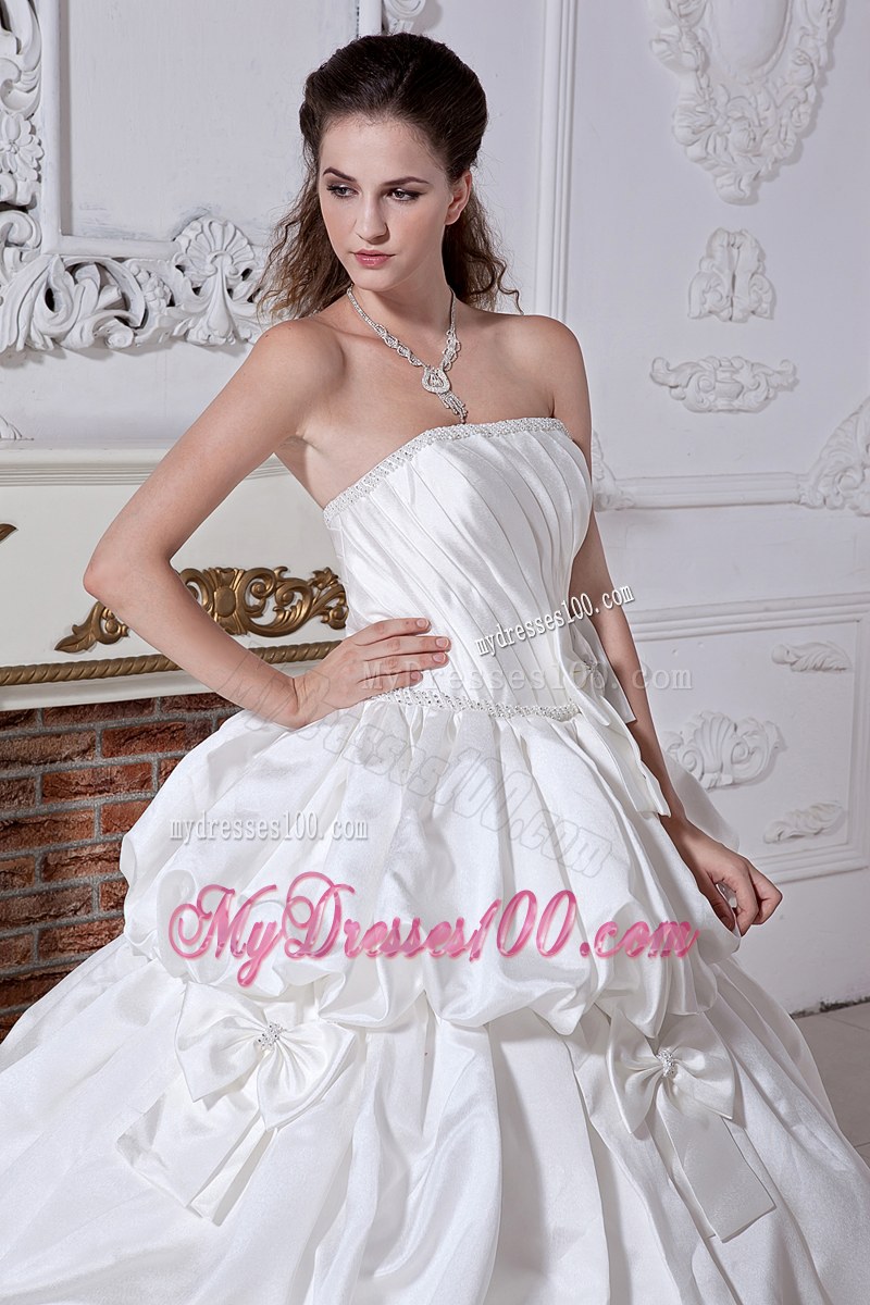 Pick-ups Bowknot Ruche White Wedding Bridal Gown Floor Length
