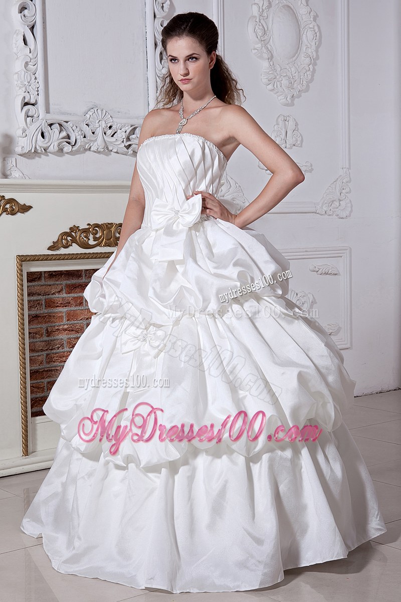 Pick-ups Bowknot Ruche White Wedding Bridal Gown Floor Length