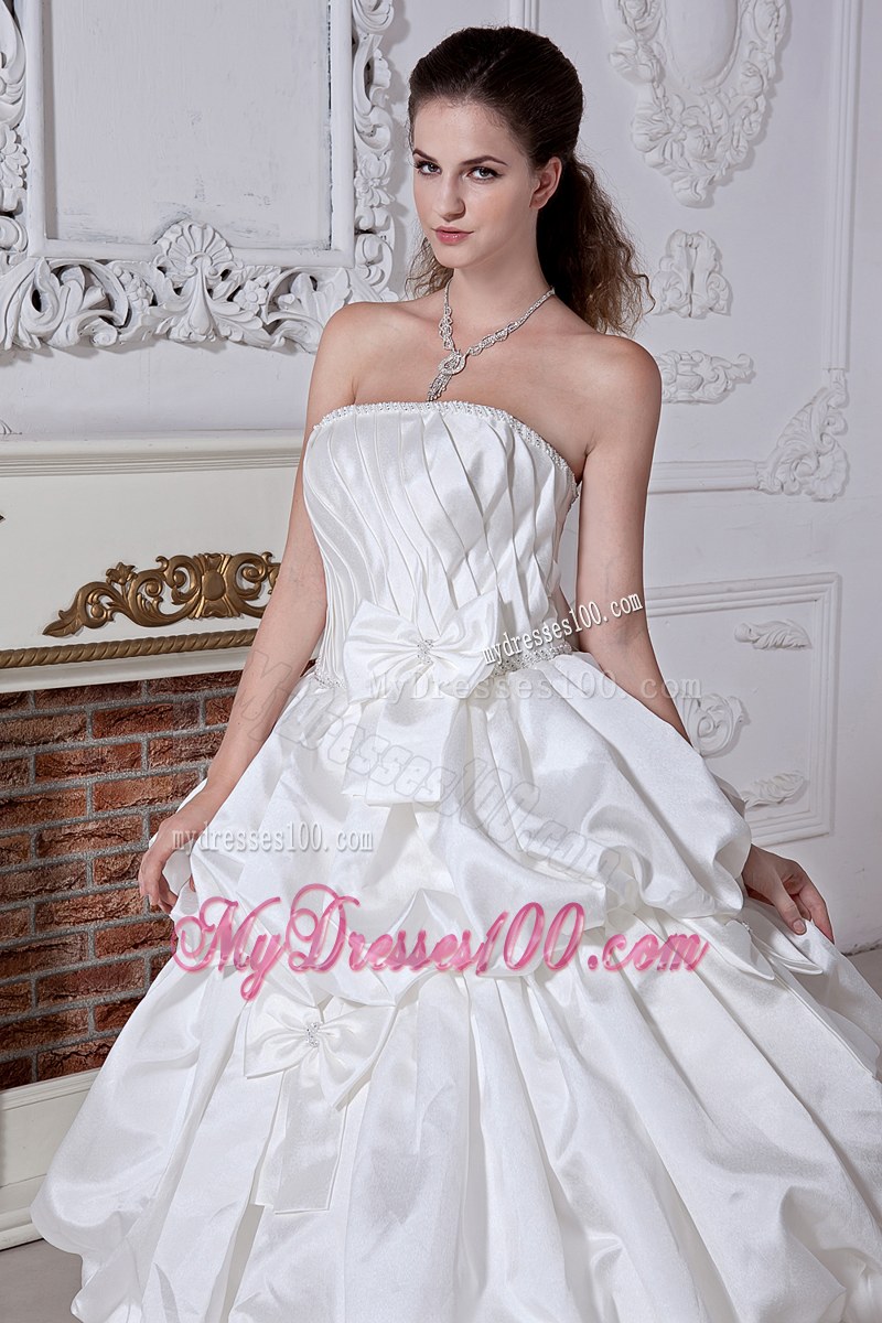 Pick-ups Bowknot Ruche White Wedding Bridal Gown Floor Length