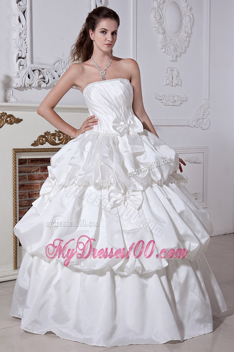 Pick-ups Bowknot Ruche White Wedding Bridal Gown Floor Length