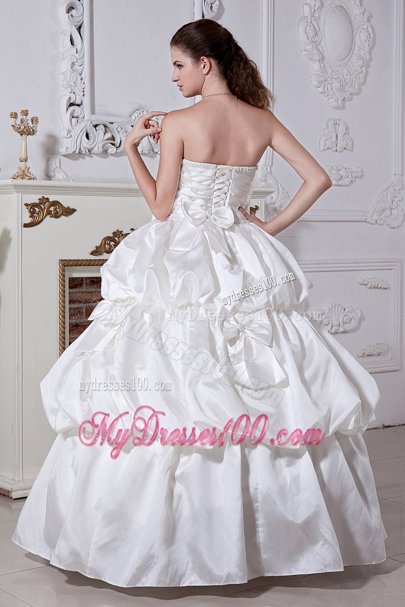 Pick-ups Bowknot Ruche White Wedding Bridal Gown Floor Length