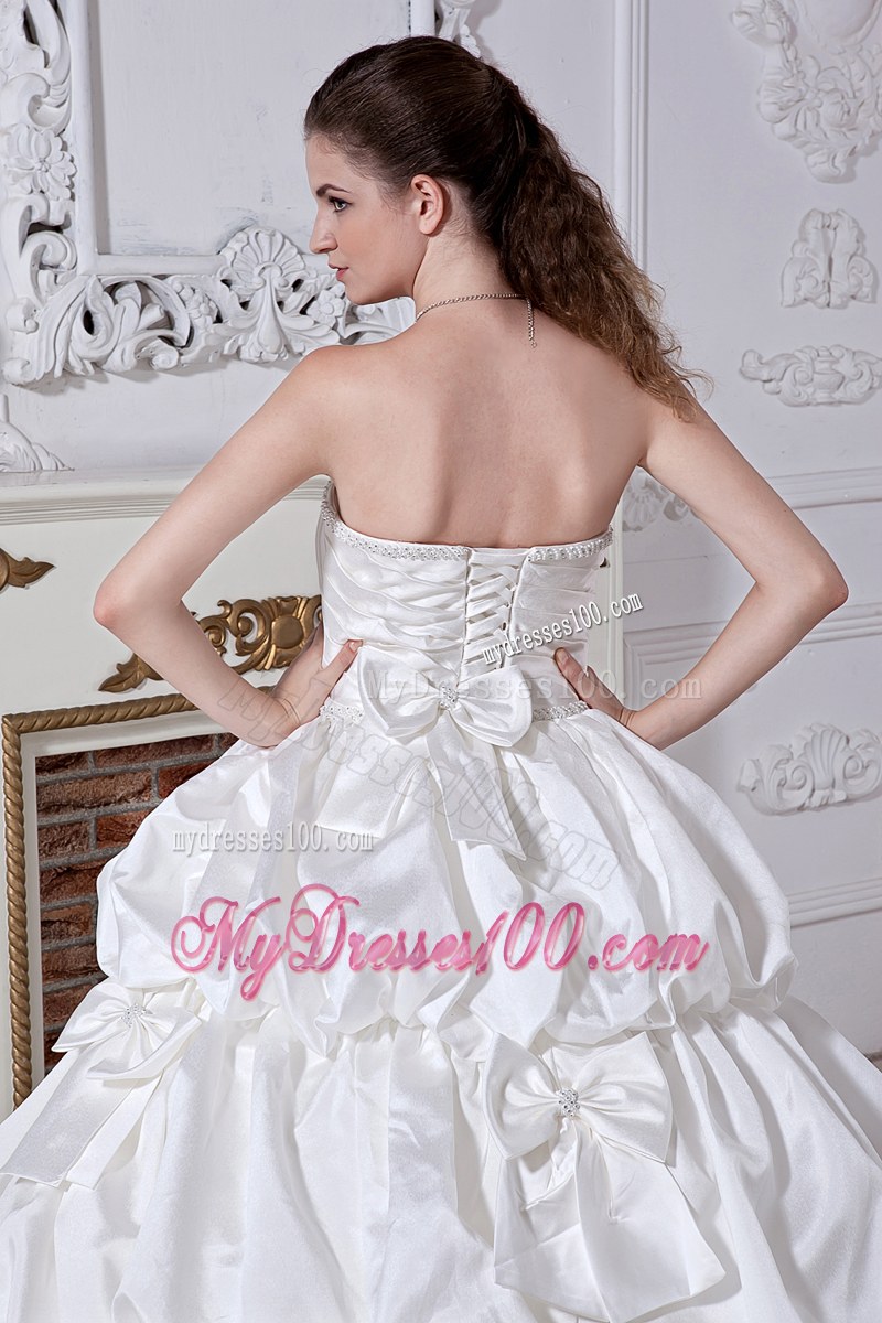 Pick-ups Bowknot Ruche White Wedding Bridal Gown Floor Length