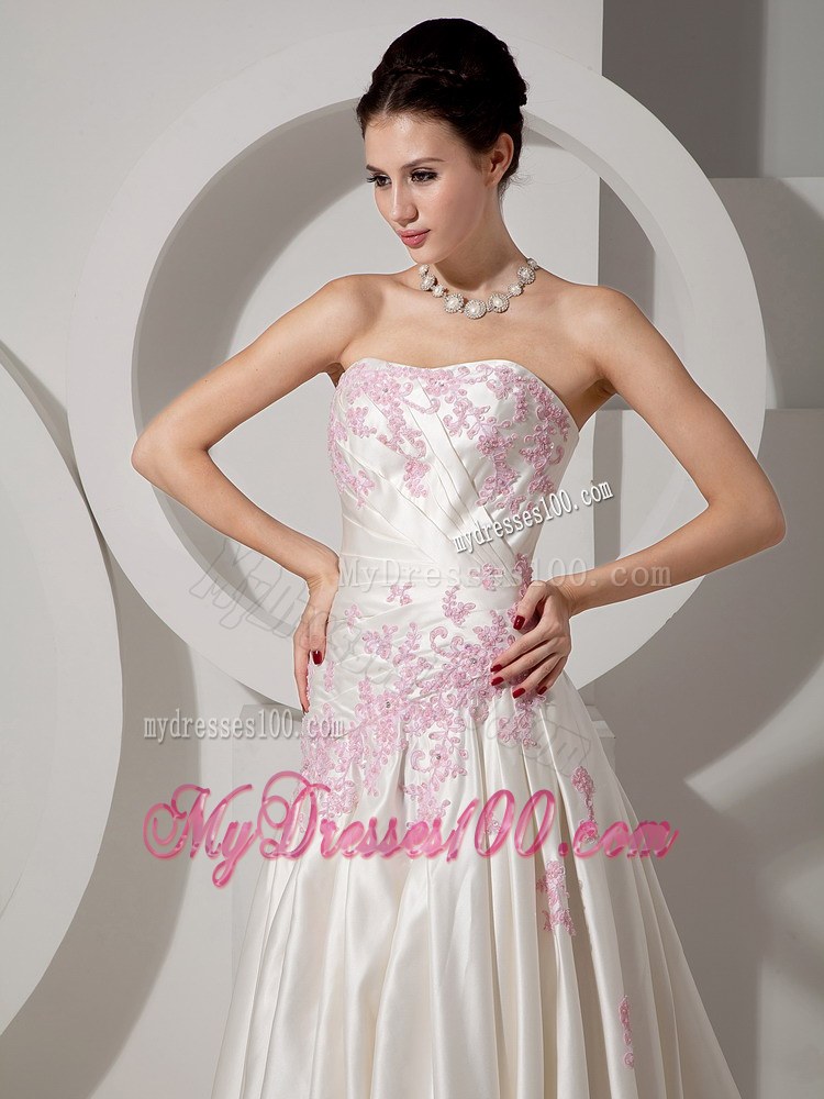 Strapless White Sweetheart Brush Train Wedding Dress with Pink Appliques