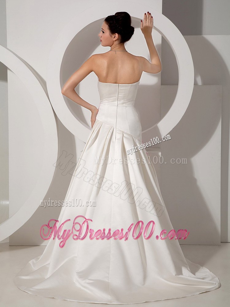 Strapless White Sweetheart Brush Train Wedding Dress with Pink Appliques