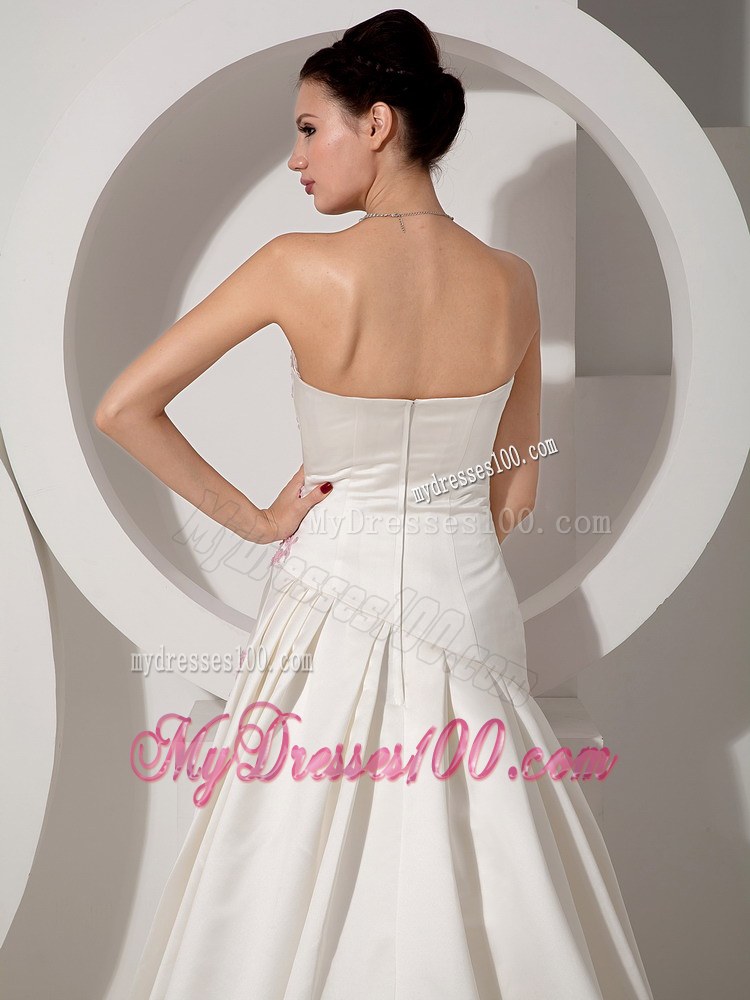 Strapless White Sweetheart Brush Train Wedding Dress with Pink Appliques