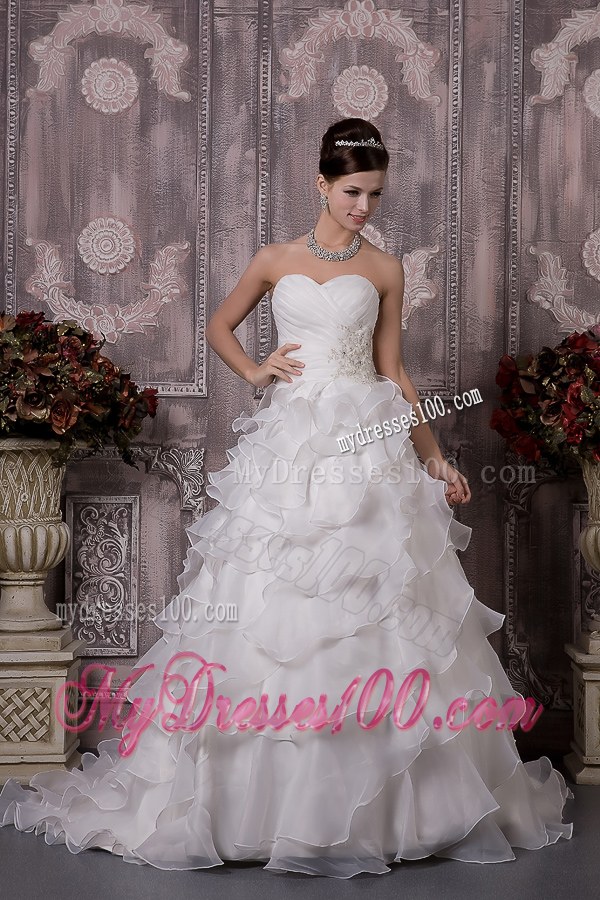 Ruffled Layers Beading and Rushing Decorated Brush Train Dresses for Wedding