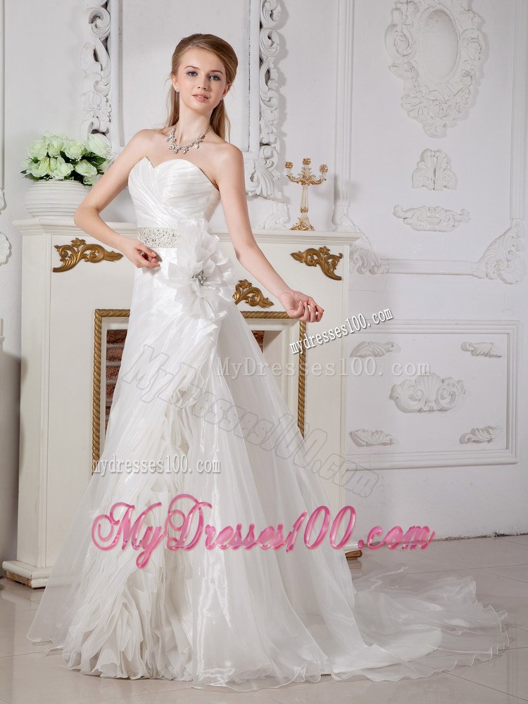 A-line Sweetheart Court Train Beaded Bridal Gown with Hand Made Flowers