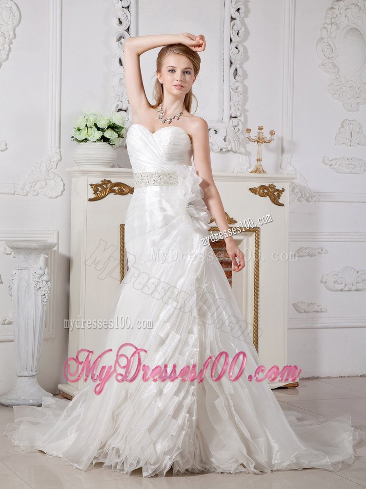A-line Sweetheart Court Train Beaded Bridal Gown with Hand Made Flowers