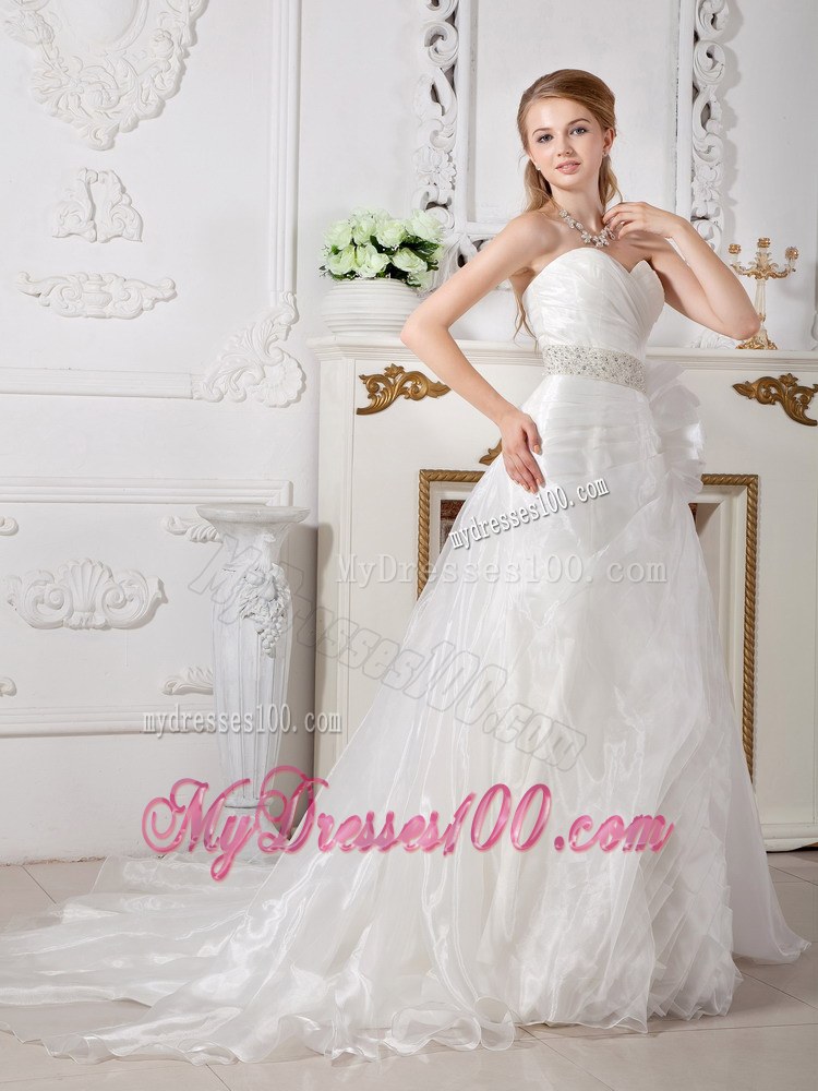 A-line Sweetheart Court Train Beaded Bridal Gown with Hand Made Flowers
