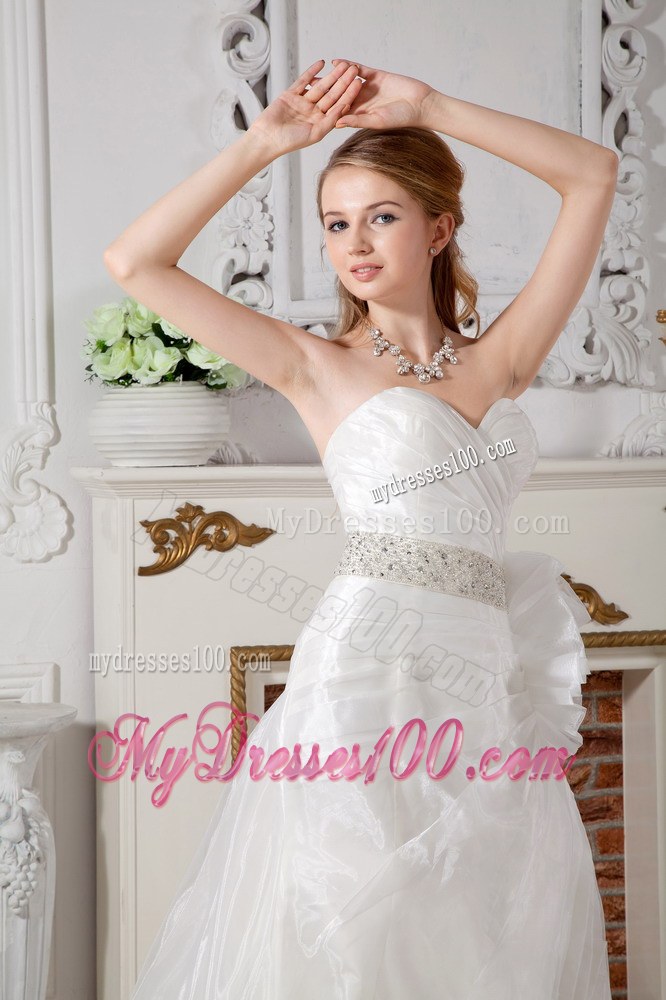 A-line Sweetheart Court Train Beaded Bridal Gown with Hand Made Flowers