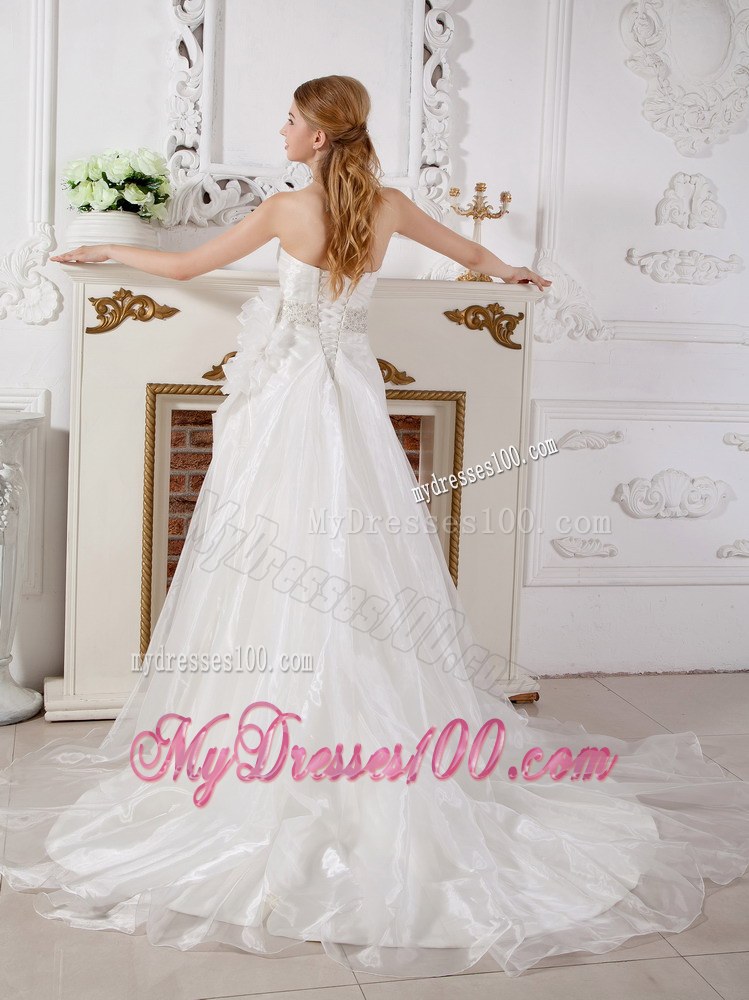 A-line Sweetheart Court Train Beaded Bridal Gown with Hand Made Flowers
