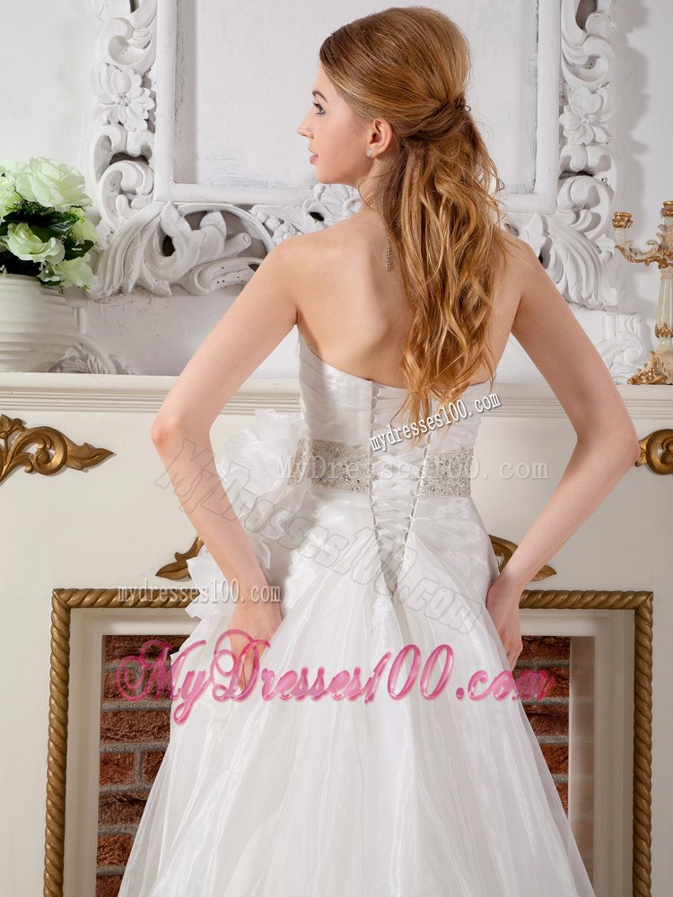 A-line Sweetheart Court Train Beaded Bridal Gown with Hand Made Flowers