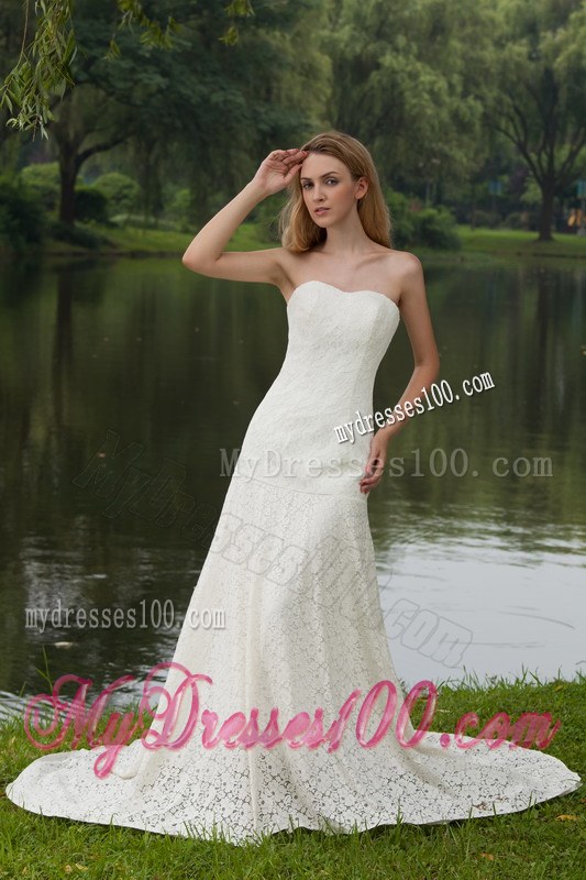 Simple Style Strapless Lace White Wedding Dress Chapel Train
