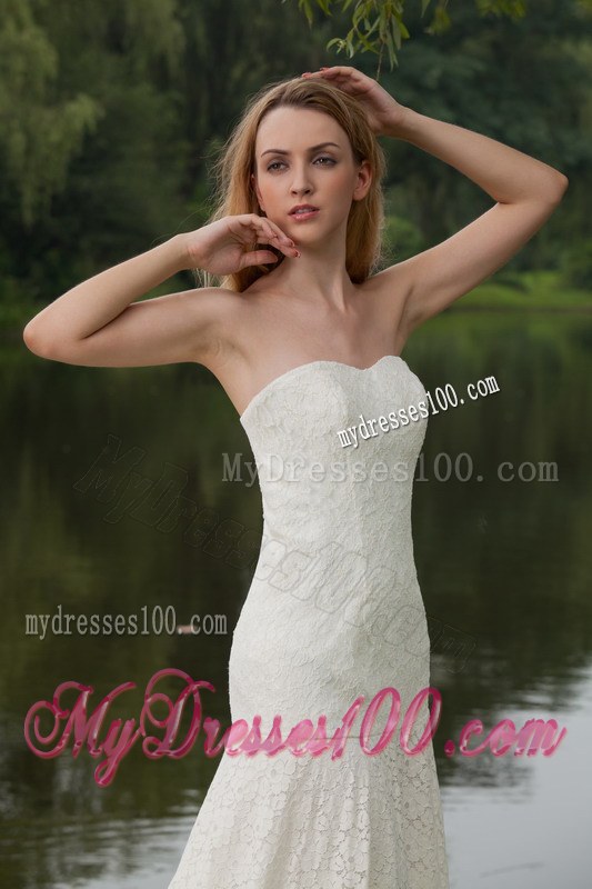 Simple Style Strapless Lace White Wedding Dress Chapel Train