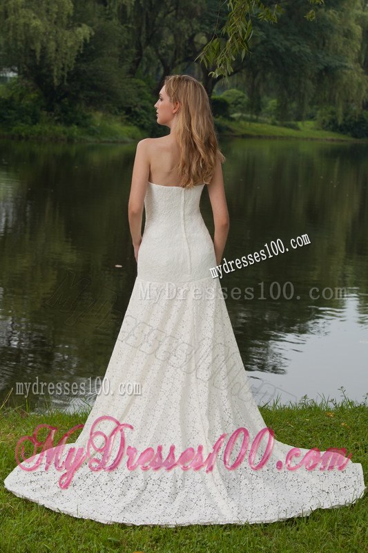 Simple Style Strapless Lace White Wedding Dress Chapel Train