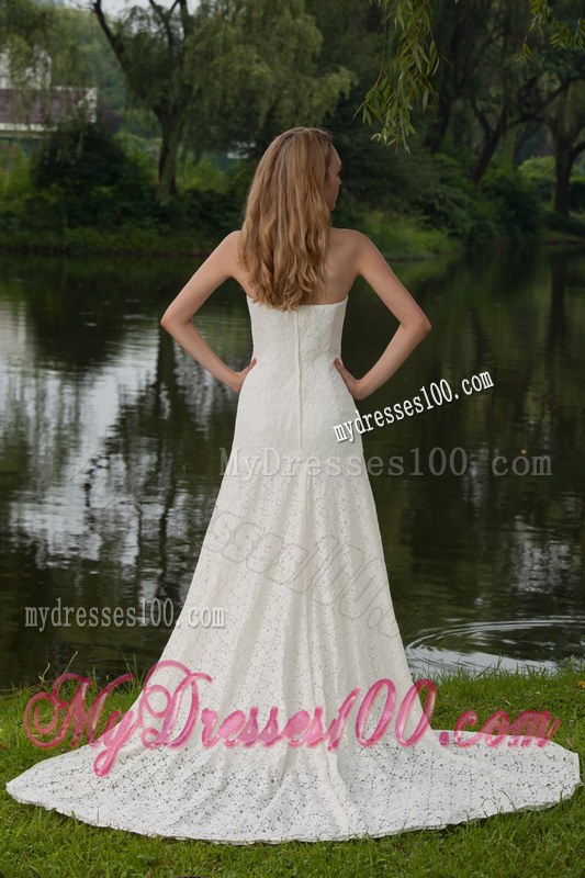 Simple Style Strapless Lace White Wedding Dress Chapel Train