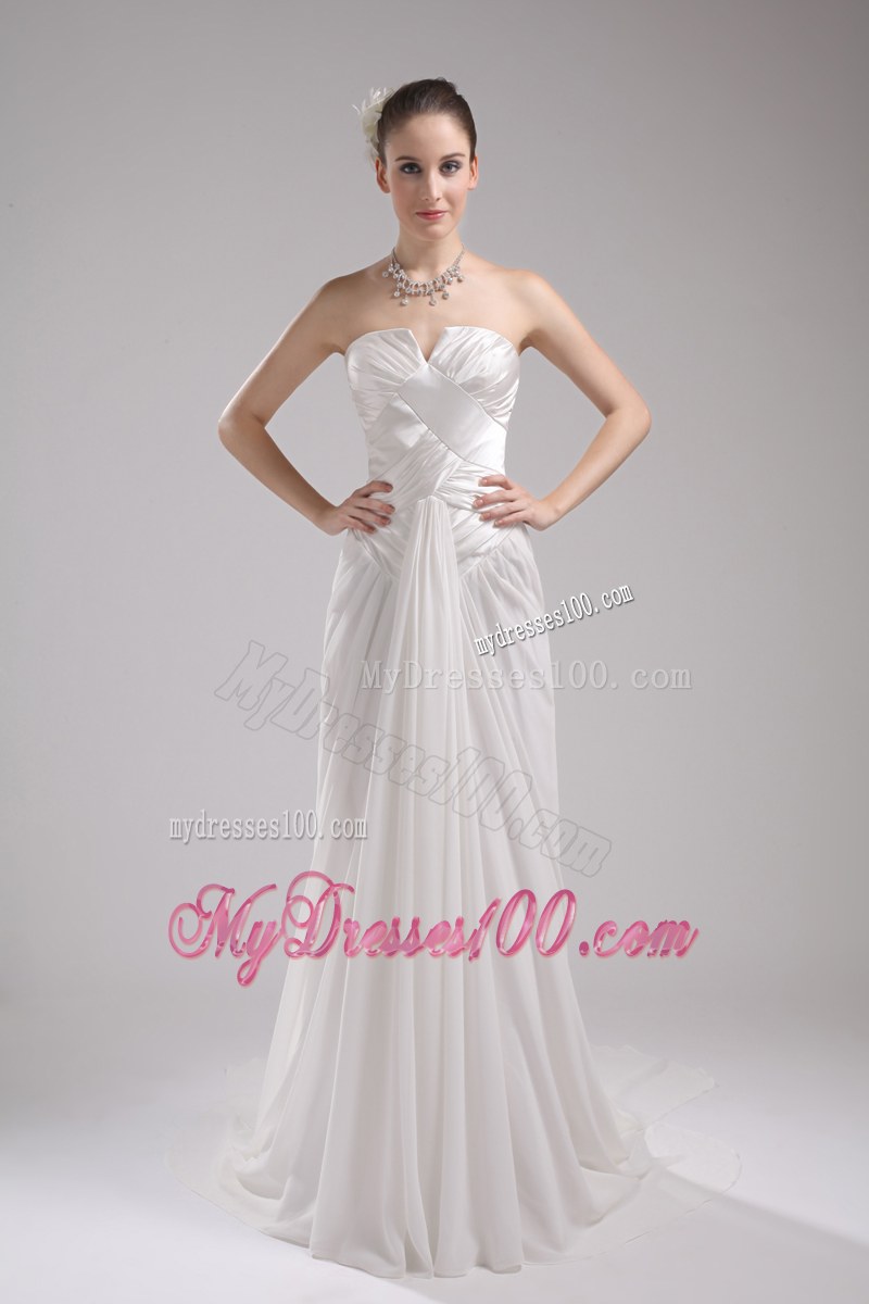 Custom Made Ruching Strapless Dress for Brides in White with Court Train