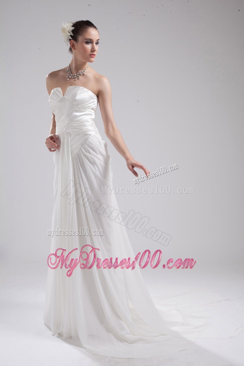 Custom Made Ruching Strapless Dress for Brides in White with Court Train