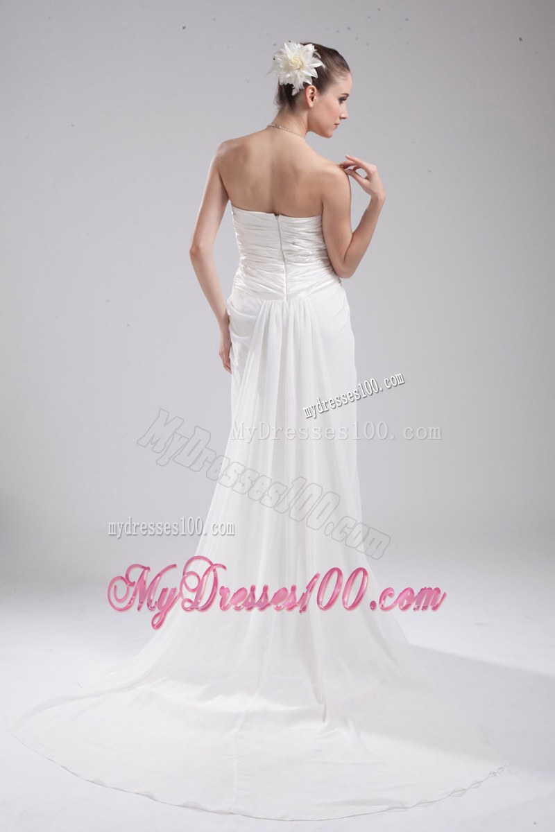 Custom Made Ruching Strapless Dress for Brides in White with Court Train