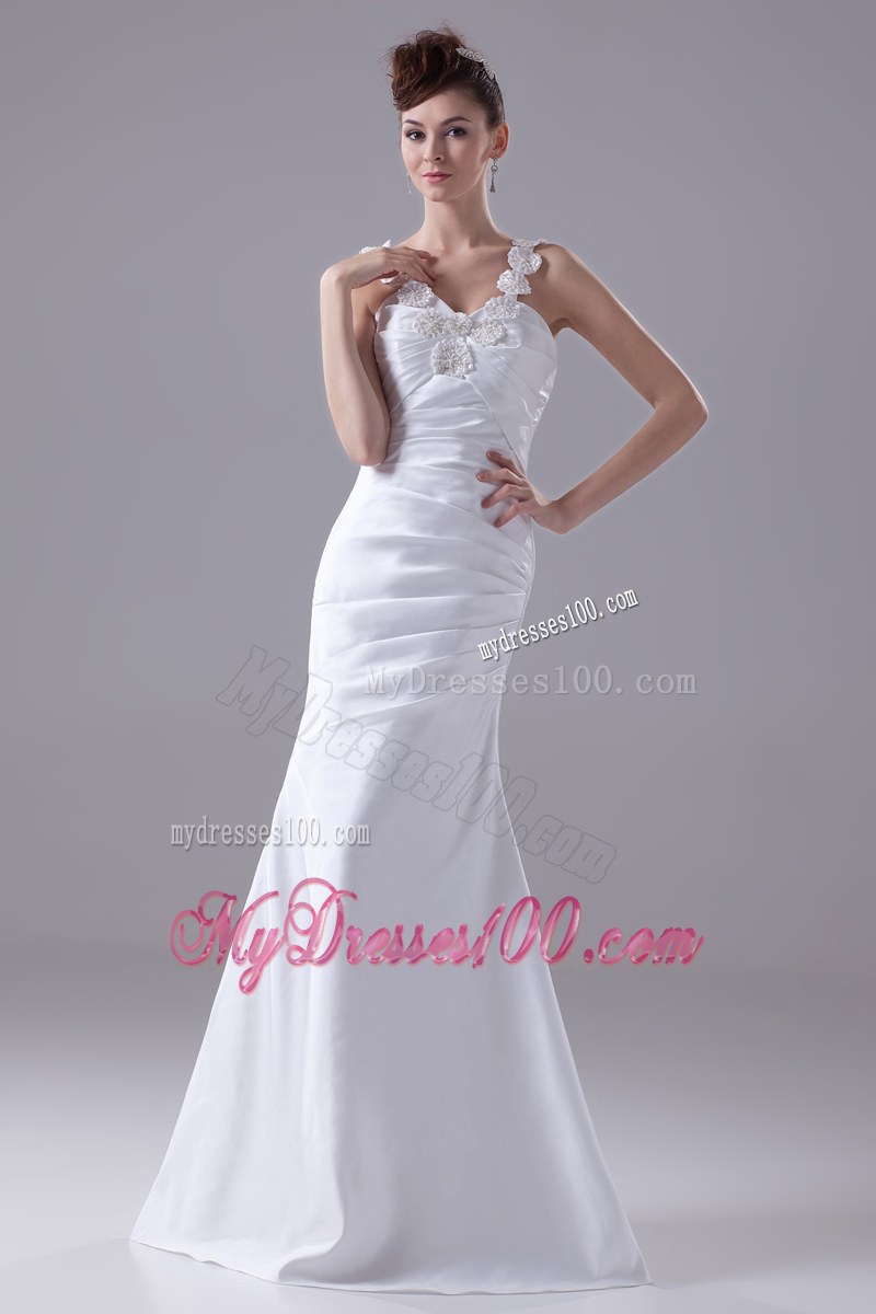 Beaded Flowers Straps Ruching Mermaid Dress for Brides with Zipper-up Back