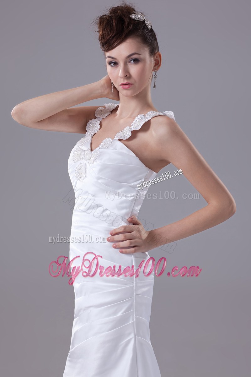 Beaded Flowers Straps Ruching Mermaid Dress for Brides with Zipper-up Back