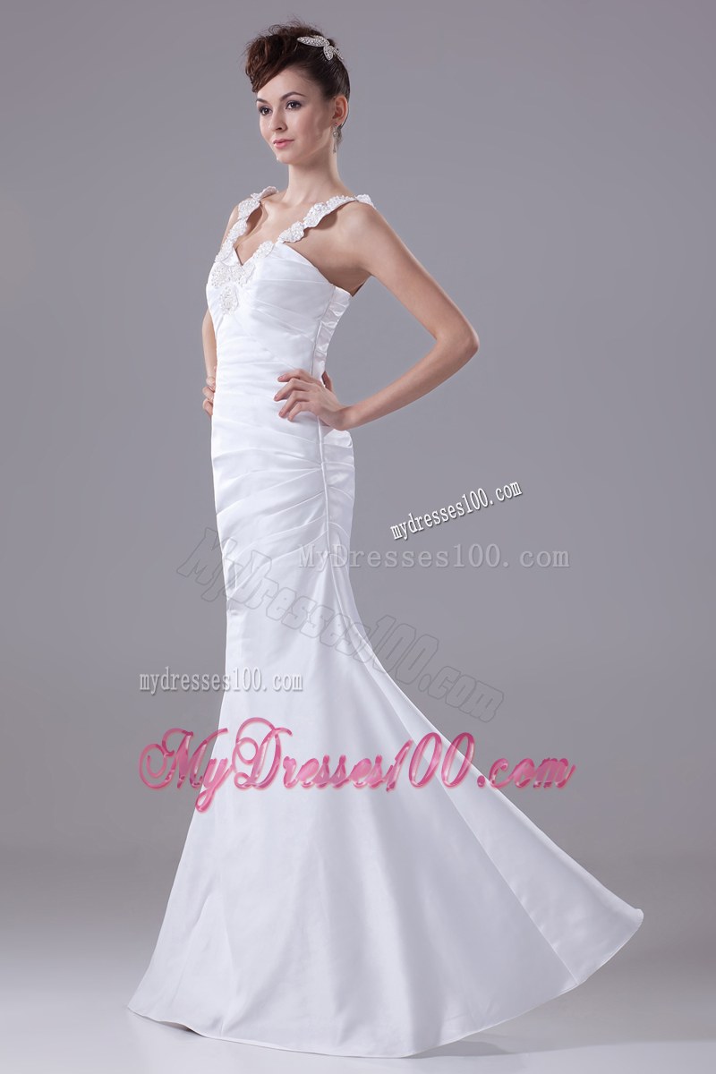 Beaded Flowers Straps Ruching Mermaid Dress for Brides with Zipper-up Back