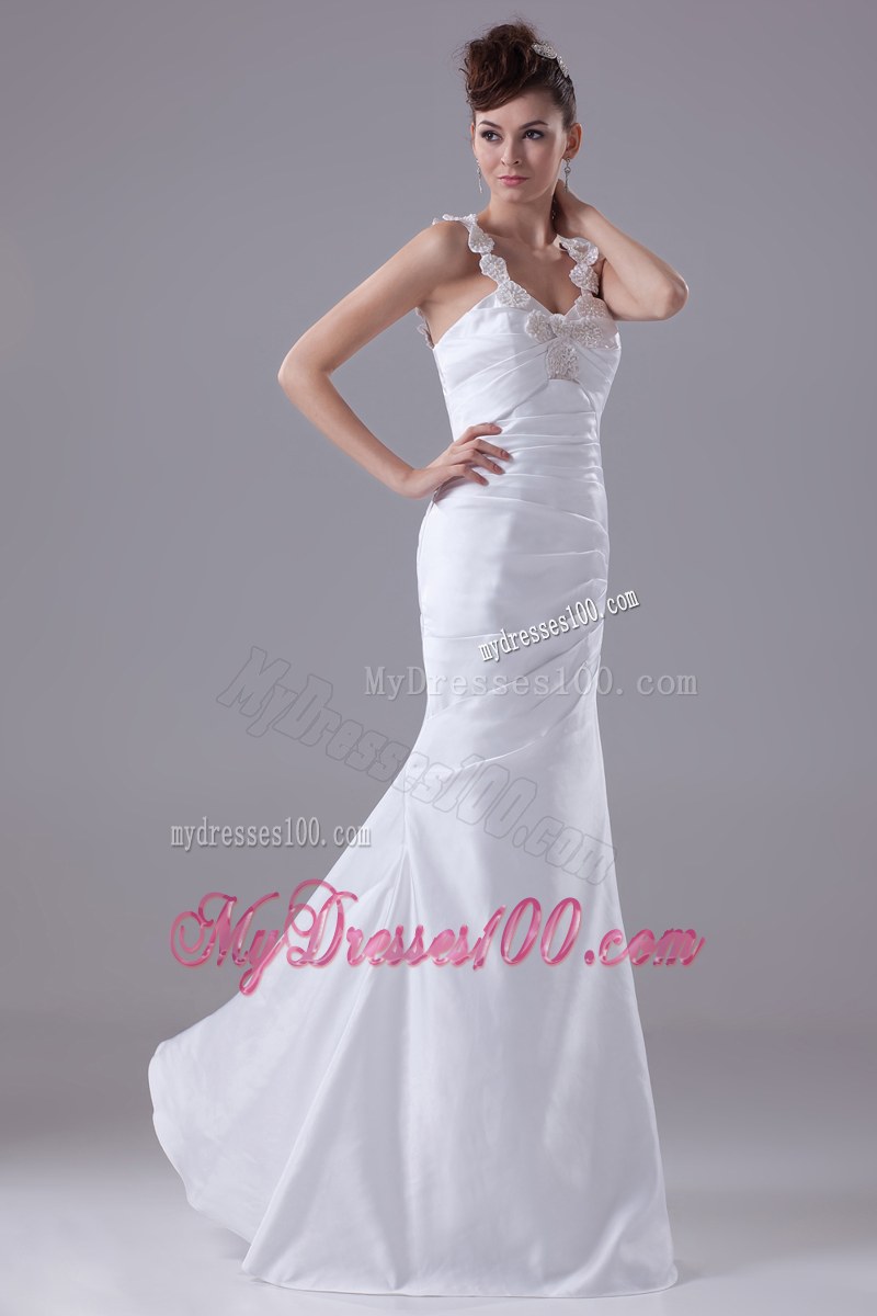 Beaded Flowers Straps Ruching Mermaid Dress for Brides with Zipper-up Back
