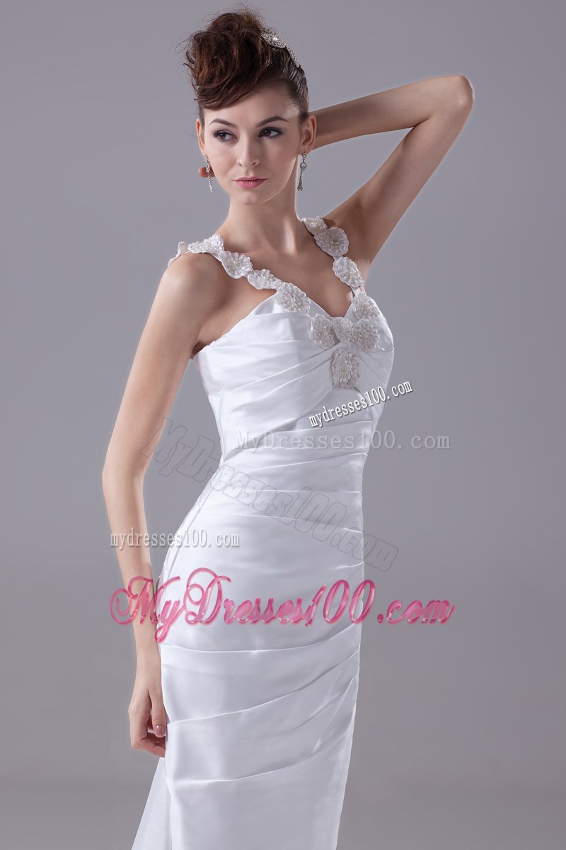 Beaded Flowers Straps Ruching Mermaid Dress for Brides with Zipper-up Back