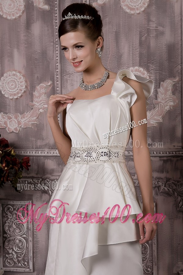 Ruffled One Shoulder Wedding Bridal Gowns with Brush Train and Beading Waist