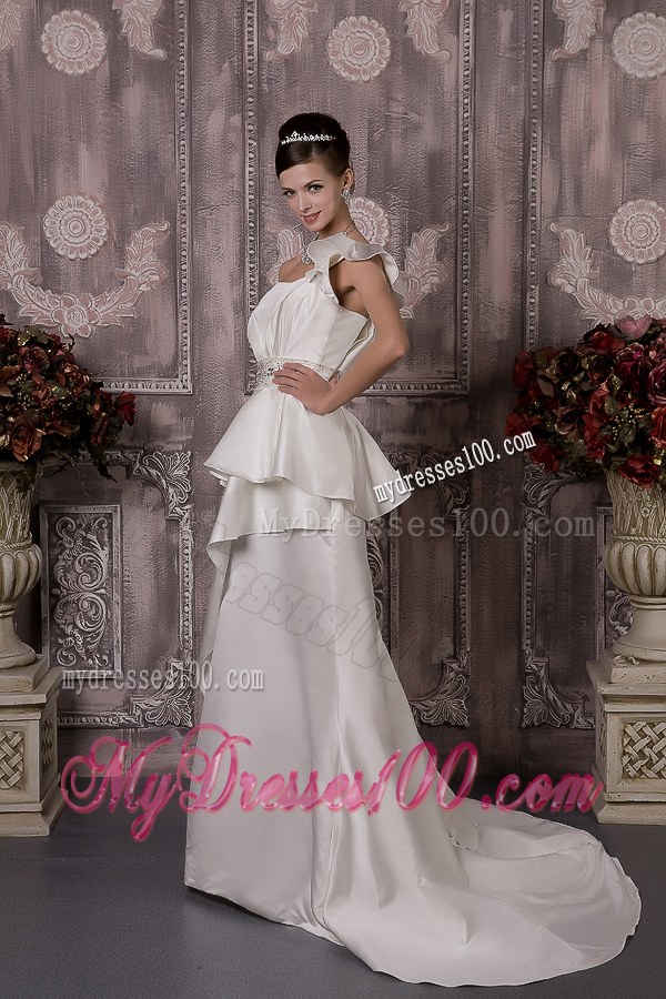 Ruffled One Shoulder Wedding Bridal Gowns with Brush Train and Beading Waist