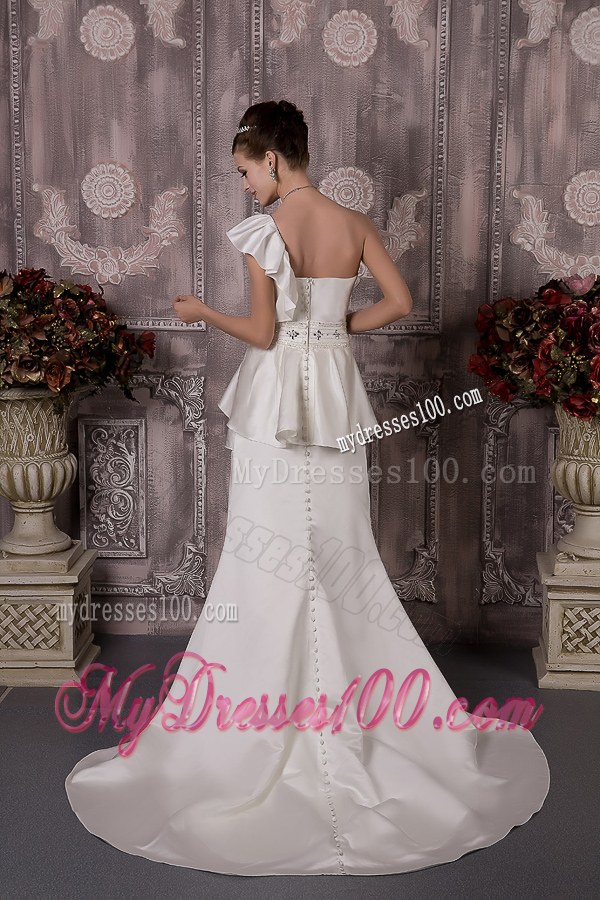 Ruffled One Shoulder Wedding Bridal Gowns with Brush Train and Beading Waist