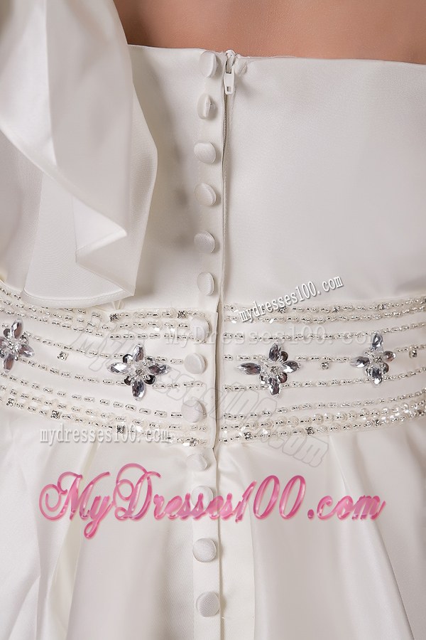 Ruffled One Shoulder Wedding Bridal Gowns with Brush Train and Beading Waist