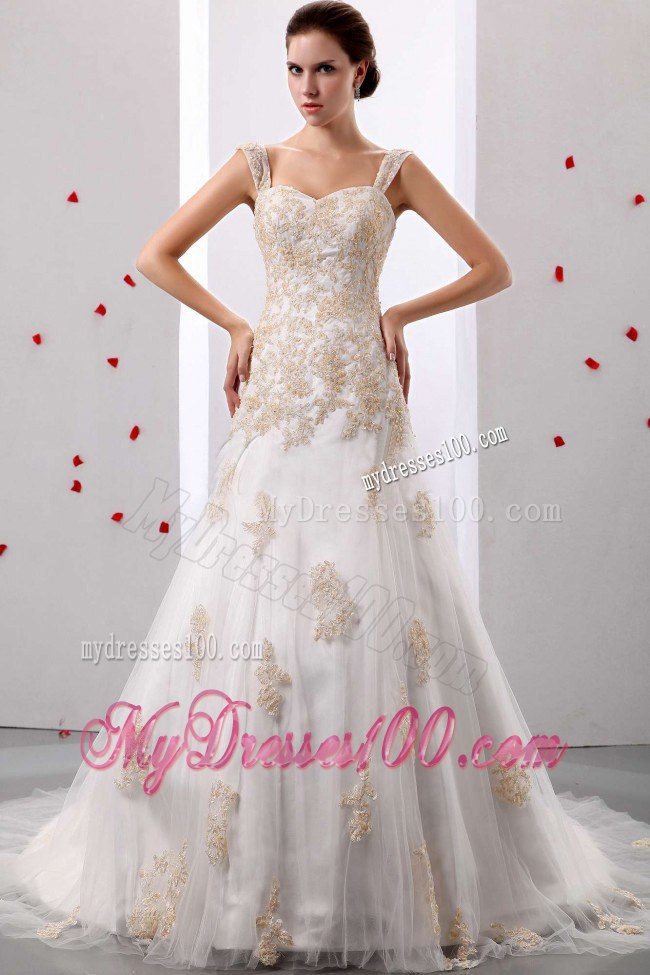A-line Straps Appliques Decorated Court Train Bridal Dresses for Wedding
