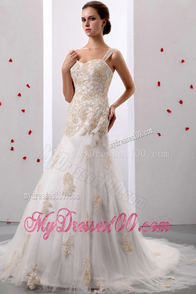 A-line Straps Appliques Decorated Court Train Bridal Dresses for Wedding